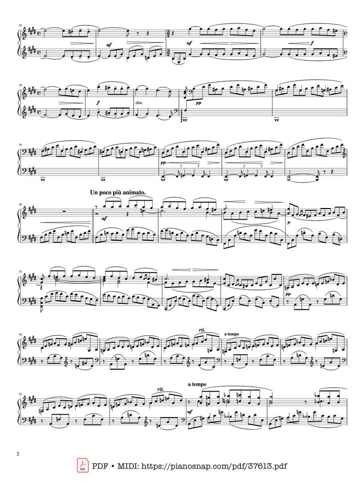 Page 2 of the piano sheet music PDF Piano – Piano Concerto No. 2 (Op. 18) - 2nd Movement by Sergei Rachmaninoff