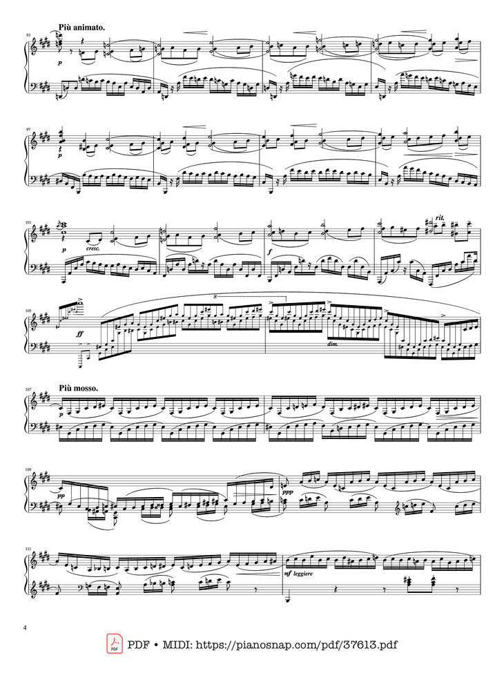 Page 4 of the piano sheet music PDF Piano – Piano Concerto No. 2 (Op. 18) - 2nd Movement by Sergei Rachmaninoff