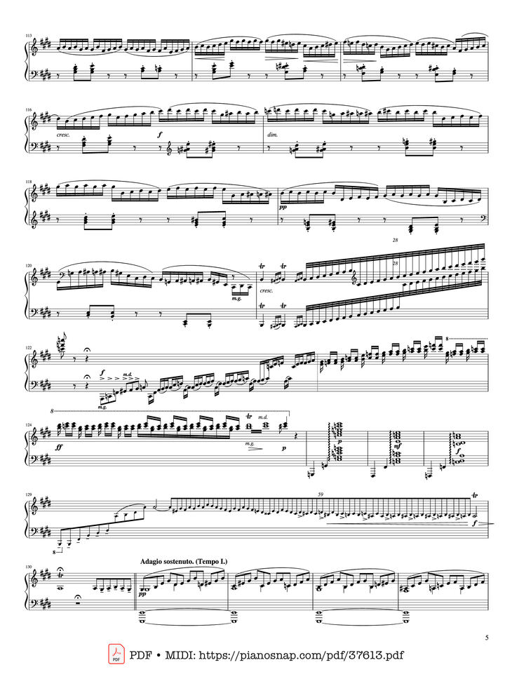 Page 5 of the piano sheet music PDF Piano – Piano Concerto No. 2 (Op. 18) - 2nd Movement by Sergei Rachmaninoff