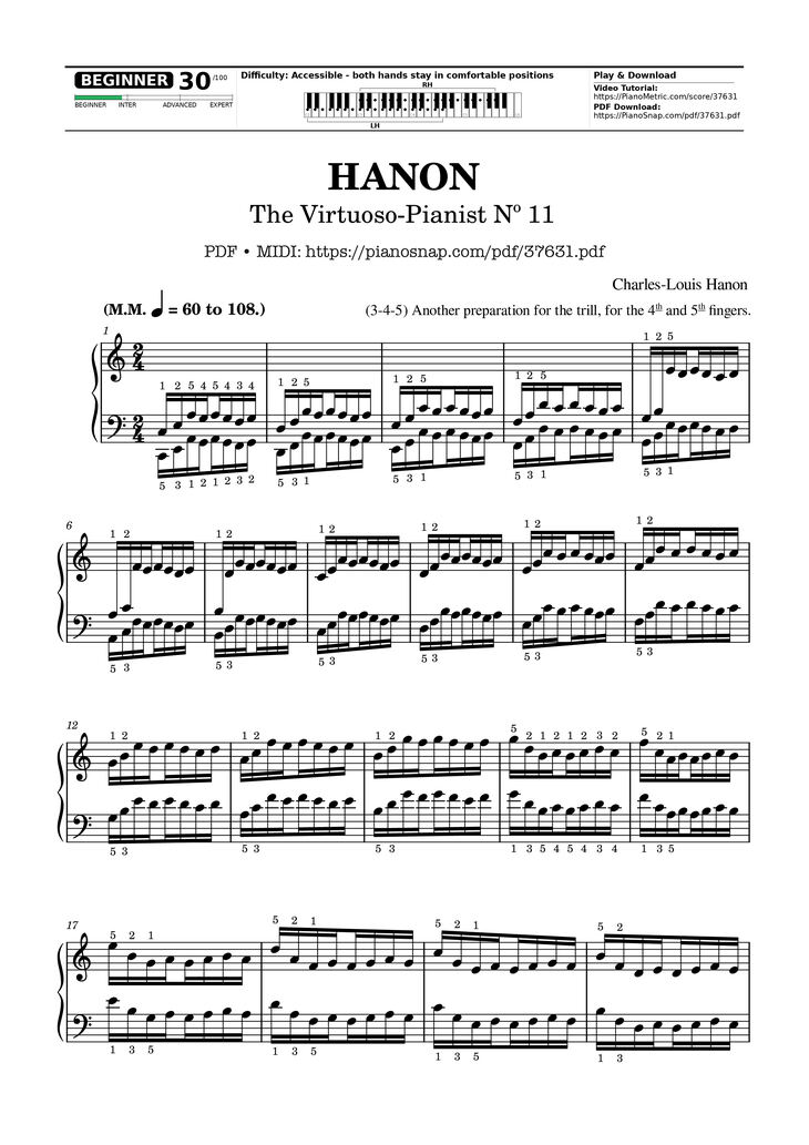 Page 1 of the piano sheet music PDF – Hanon - The Virtuoso Pianist No. 11 by Charles-Louis Hanon
