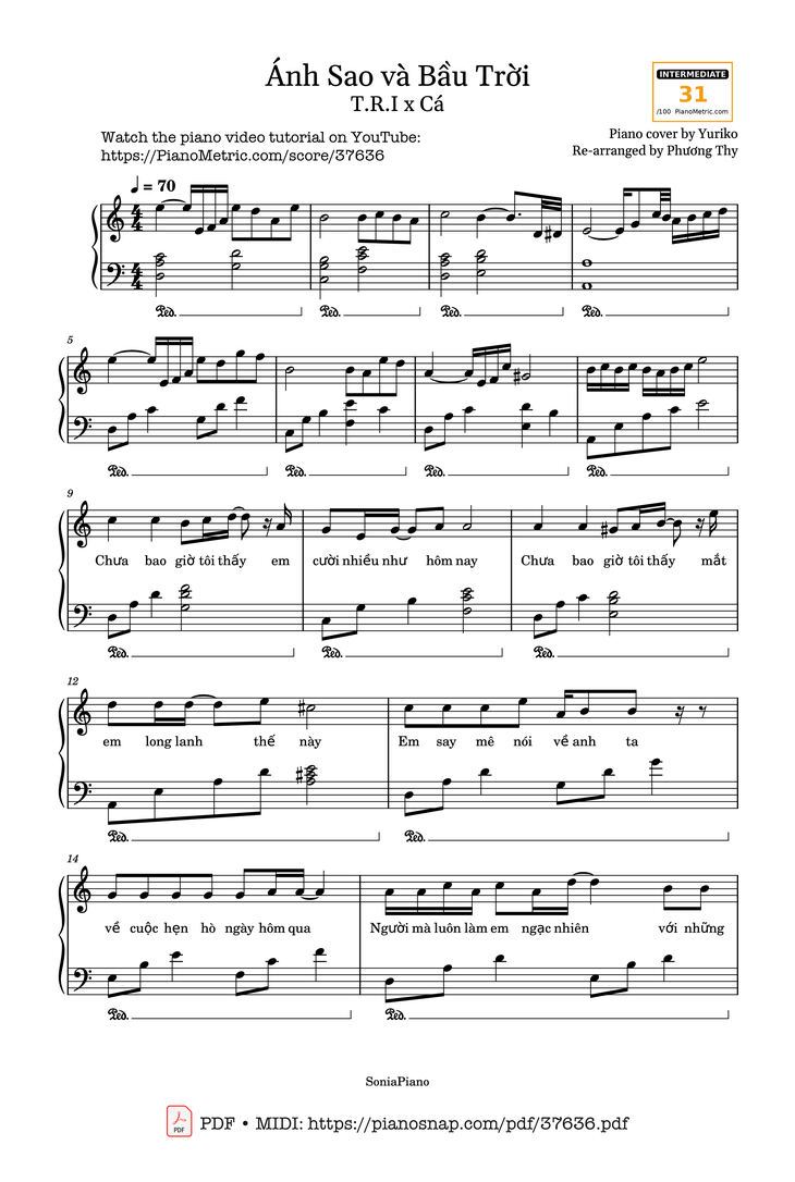 Page 1 of the piano sheet music PDF – Ánh sao và bầu trời Piano by T.R.I x Cá