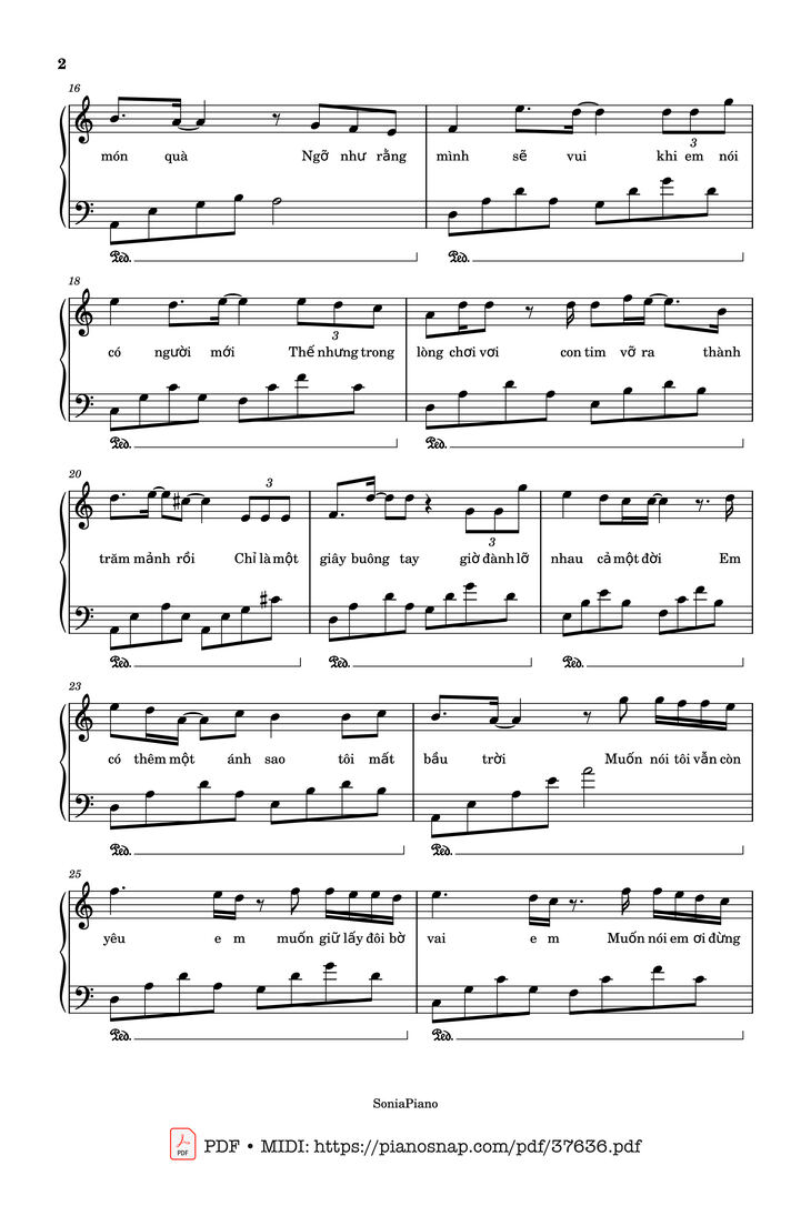 Page 2 of the piano sheet music PDF – Ánh sao và bầu trời Piano by T.R.I x Cá