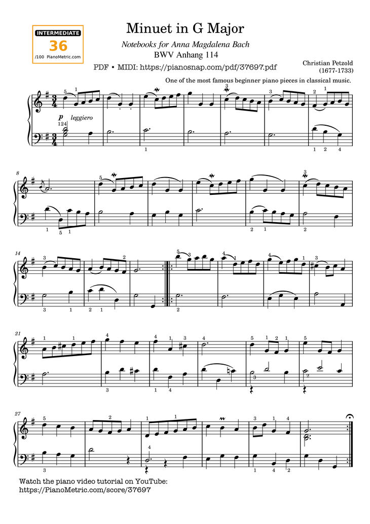 Page 1 of the piano sheet music PDF Piano – Minuet BWV Anhang 114 in G Major (Fingerings) by Johann Sebastian Bach