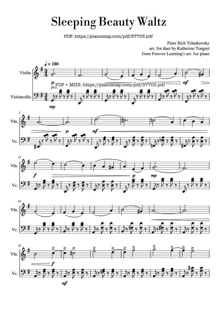 Page 1 of the piano sheet music PDF Piano – Sleeping Beauty Waltz by Pyotr Ilyich Tchaikovsky