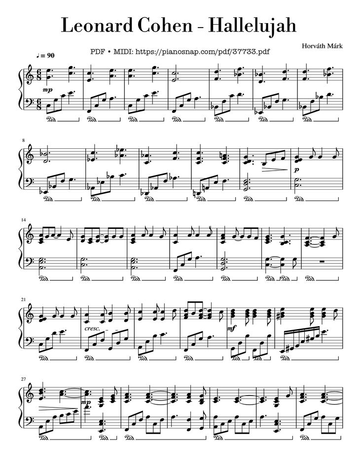 Page 1 of the piano sheet music PDF Piano – Hallelujah Piano by Leonard Cohen