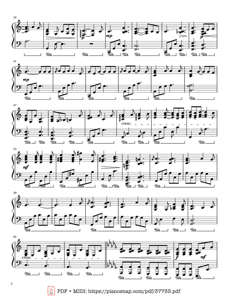 Page 2 of the piano sheet music PDF Piano – Hallelujah Piano by Leonard Cohen