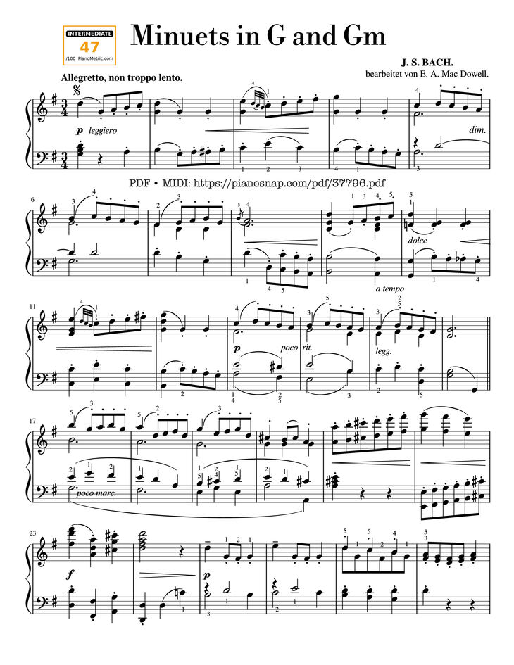 Page 1 of the piano sheet music PDF – Minuets in G Major and G Minor Piano by Johann Sebastian Bach