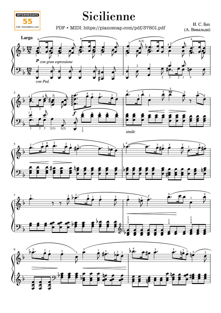 Page 1 of the piano sheet music PDF Piano – Sicilienne from Concerto in D minor BWV 596 by Johann Sebastian Bach