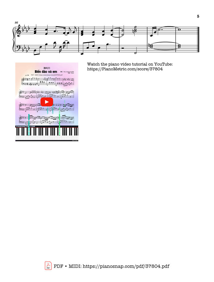 Page 5 of the piano sheet music PDF Piano – Biển đảo và em (海屿你) -  Sea Island You Piano by 马也