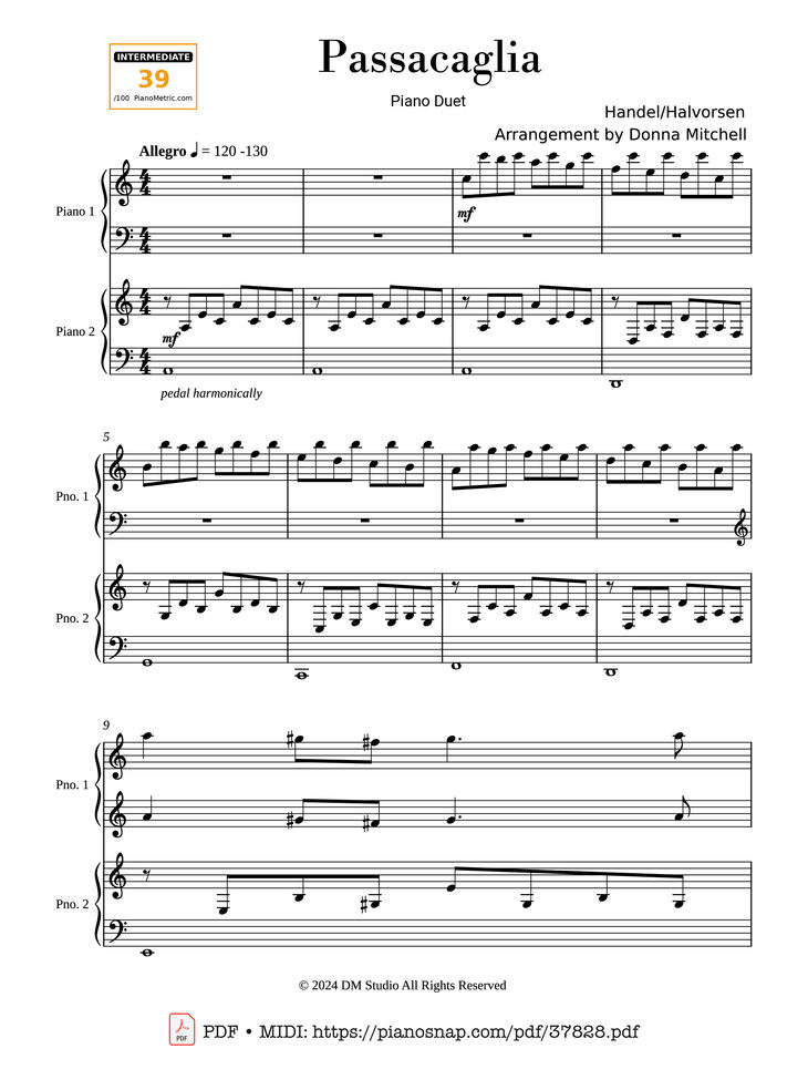 Page 1 of the piano sheet music PDF Piano – Passacaglia - Four hands by Johan Halvorsen