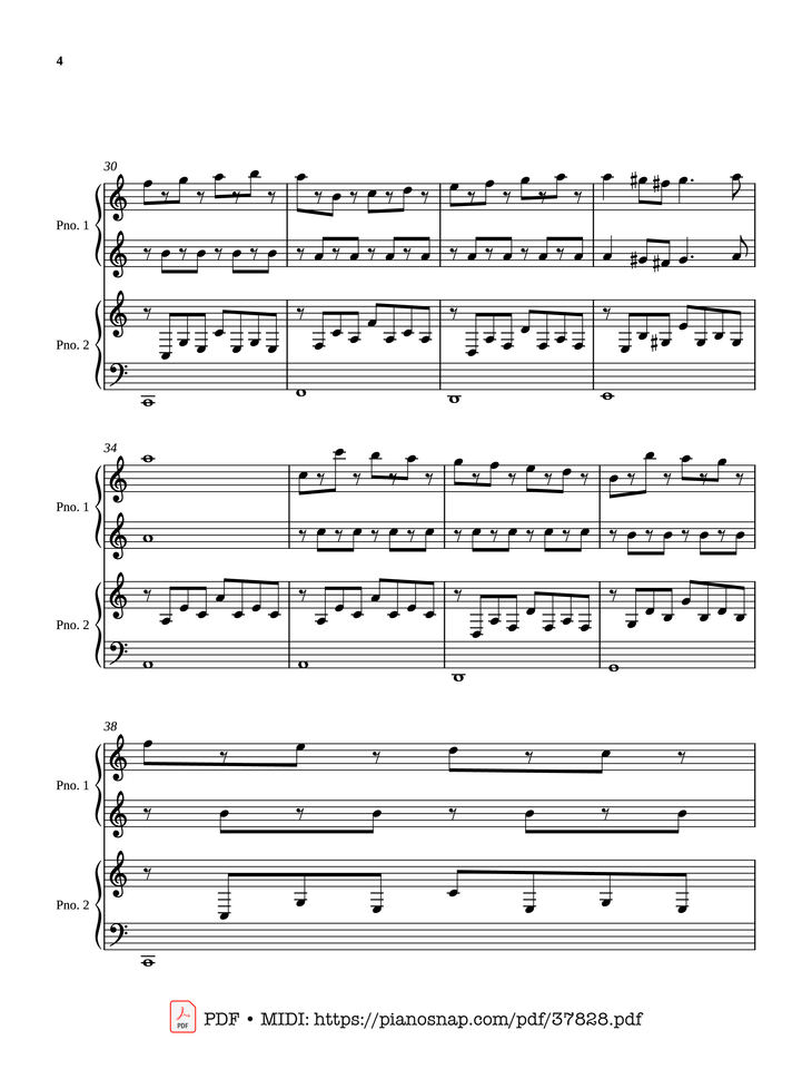 Page 4 of the piano sheet music PDF Piano – Passacaglia - Four hands by Johan Halvorsen