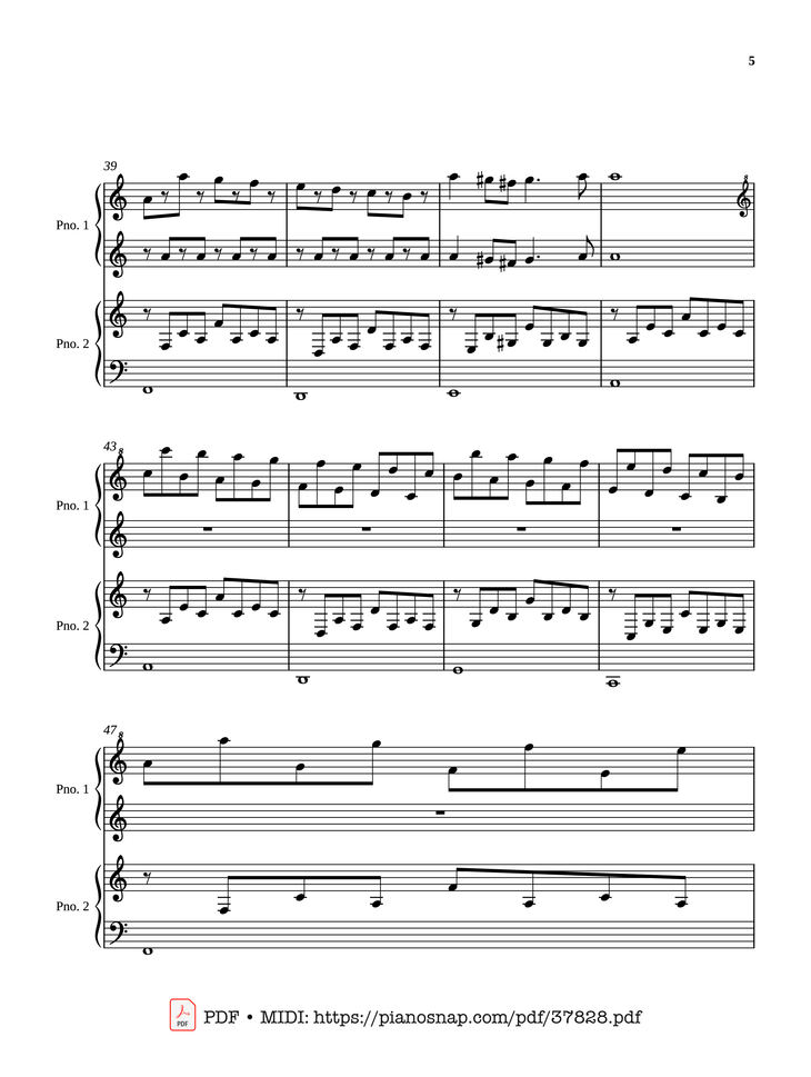 Page 5 of the piano sheet music PDF Piano – Passacaglia - Four hands by Johan Halvorsen