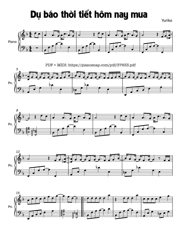 Page 1 of the piano sheet music PDF Piano – Dự báo thời tiết hôm nay mưa by Yuriko