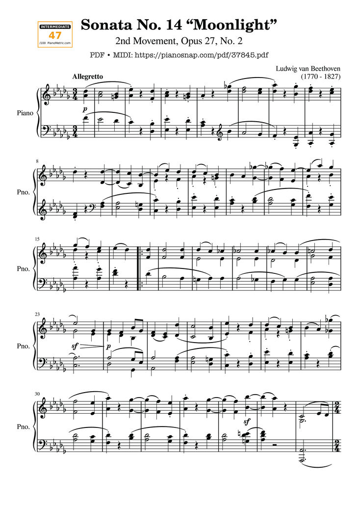 Page 1 of the piano sheet music PDF Piano – Sonata No. 14 Moonlight 2nd Movement Piano by Ludwig van Beethoven