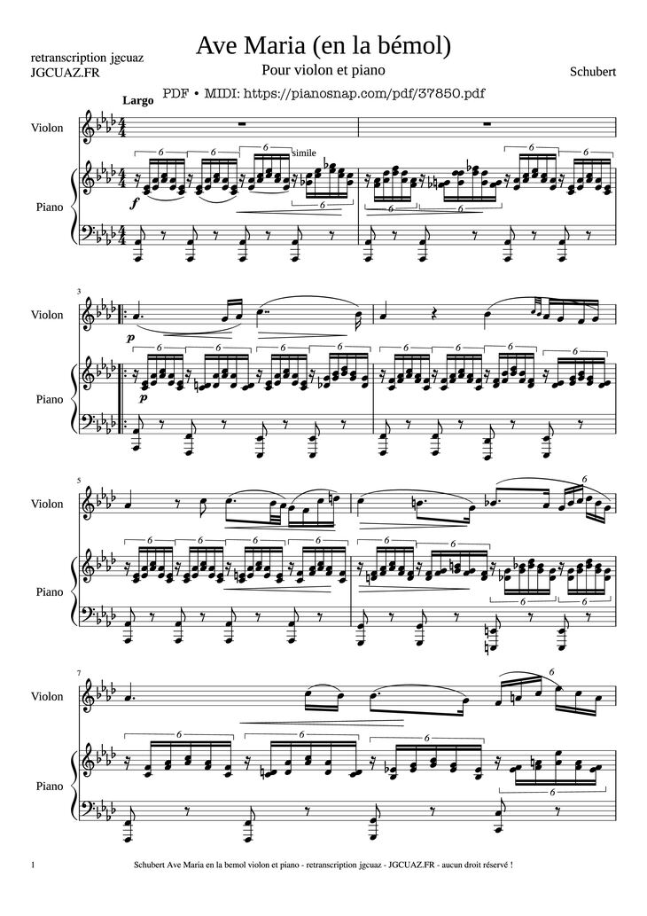 Page 1 of the piano sheet music PDF Piano – Ave Maria for violon and piano by Franz Schubert Schubert