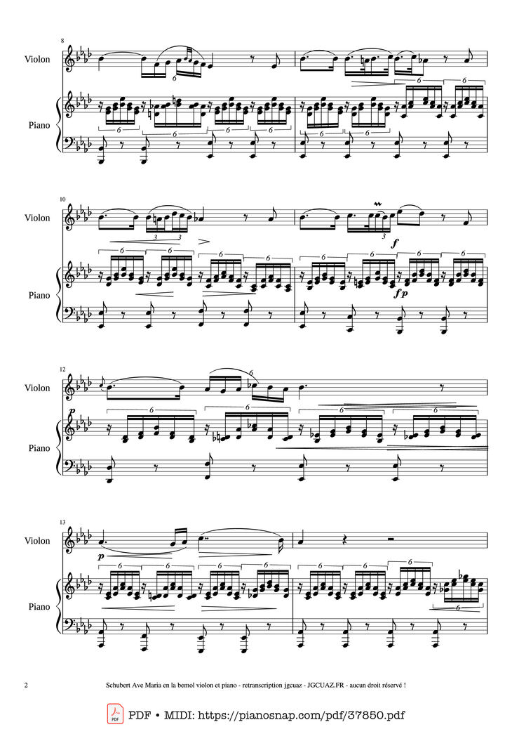 Page 2 of the piano sheet music PDF Piano – Ave Maria for violon and piano by Franz Schubert Schubert