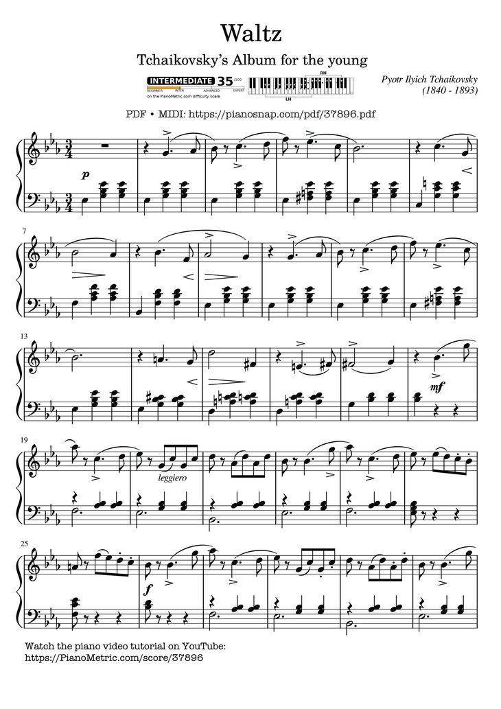 Page 1 of the piano sheet music PDF Piano – Waltz, Tchaikovsky, Album for the young by Pyotr Ilyich Tchaikovsky