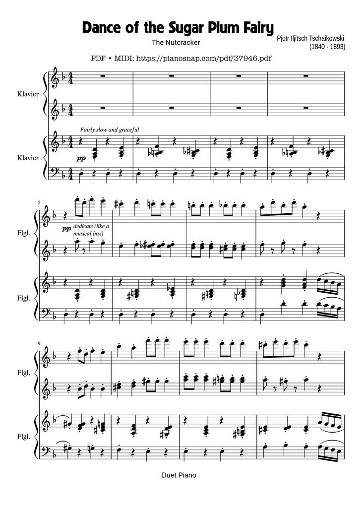 Page 1 of the piano sheet music PDF Piano – Dance of the Sugar Plum Fairy, Piano Duet by Pyotr Ilyich Tchaikovsky