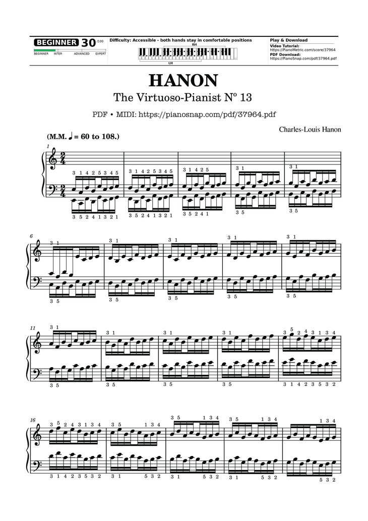 Page 1 of the piano sheet music PDF – Hanon - The Virtuoso Pianist No. 13 by Charles-Louis Hanon