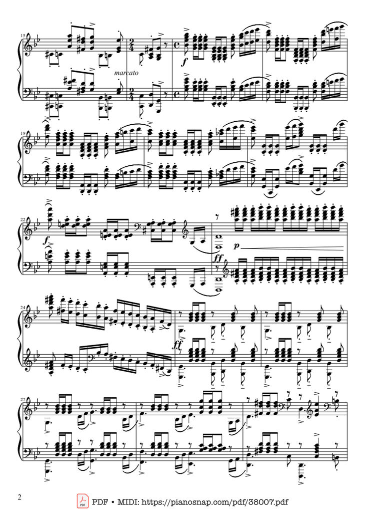 Page 2 of the piano sheet music PDF Piano – Prélude Opus 23 No. 5 in G Minor Piano by Sergei Rachmaninoff