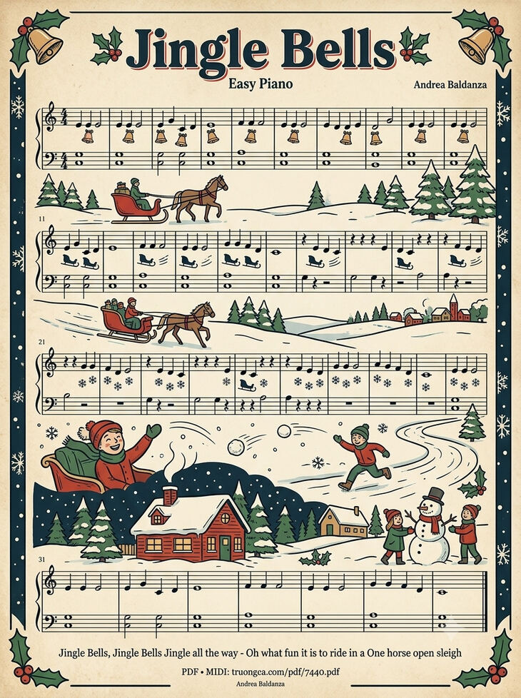 Page 1 of the piano sheet music PDF – Jingle Bells Piano EASY (Illustrated Score Art) by James Pierpont
