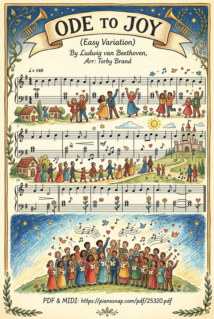 Page 1 of the piano sheet music PDF – Ode to Joy Piano Easy (Illustrated Score Art) by Ludwig Van Beethoven