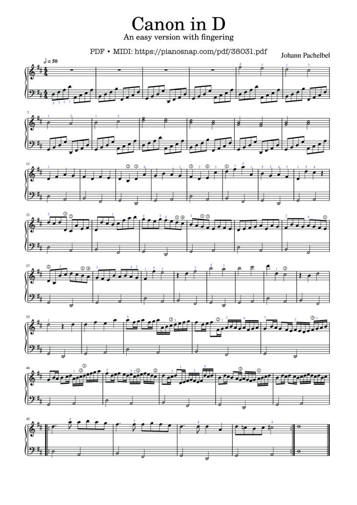 Page 1 of the piano sheet music PDF – Canon in D Sheet Piano (An easy version with fingering) by Johann Pachelbel