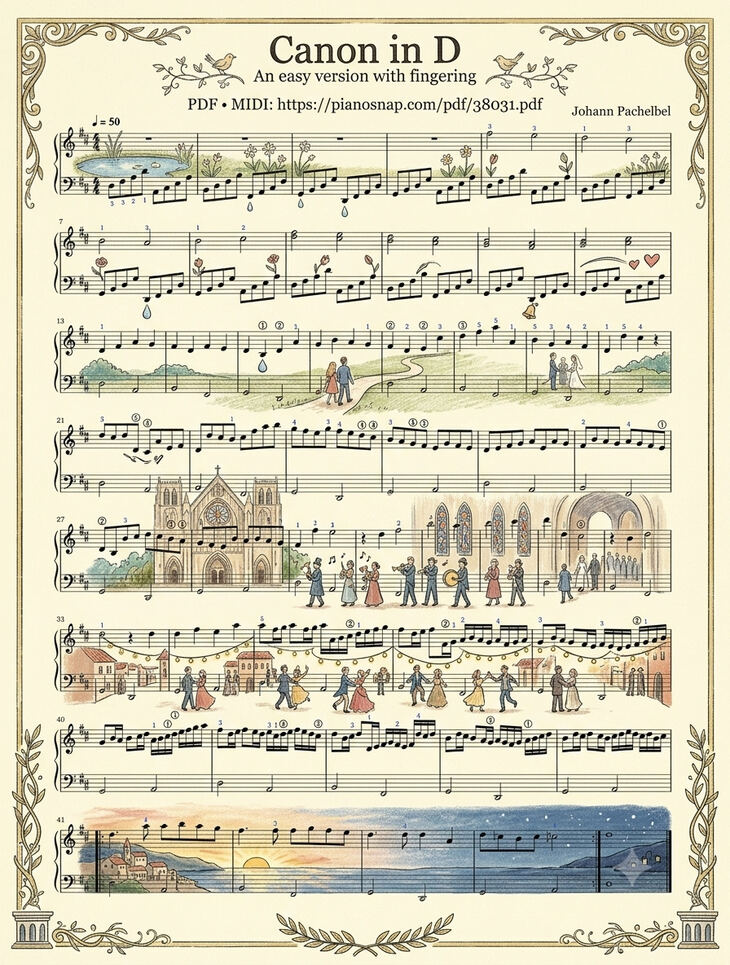 Page 1 of the piano sheet music PDF – Canon in D Sheet Piano (Illustrated Score Art) by Johann Pachelbel