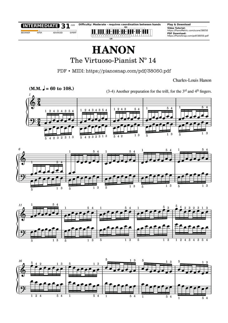 Page 1 of the piano sheet music PDF – Hanon - The Virtuoso Pianist No. 14 by Charles-Louis Hanon