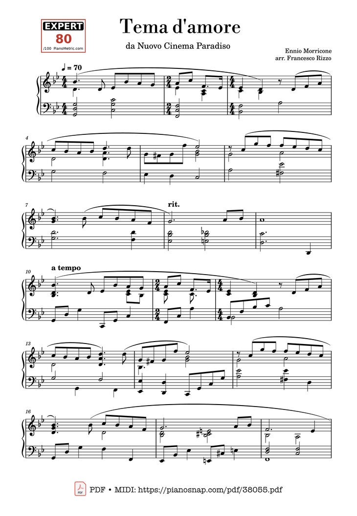 Page 1 of the piano sheet music PDF Piano – Tema d