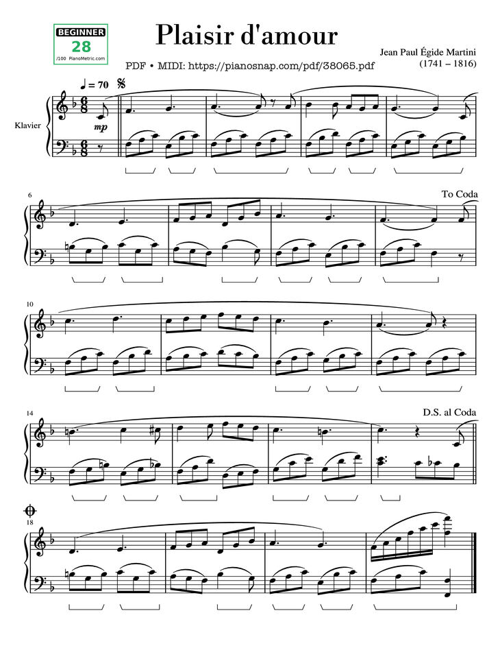 Page 1 of the piano sheet music PDF Piano – Plaisir d