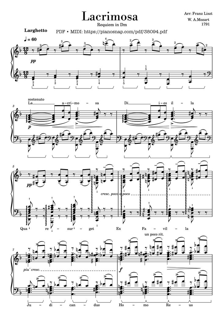 Page 1 of the piano sheet music PDF Piano – Mozart Lacrimosa, Piano solo [arr. Liszt] by Wolfgang Amadeus Mozart