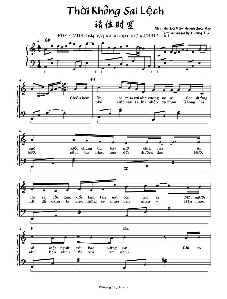 Page 1 of the piano sheet music PDF Piano – Thời Không Sai Lệch by 艾辰