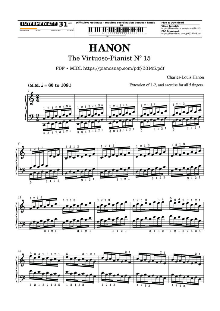 Page 1 of the piano sheet music PDF – Hanon - The Virtuoso Pianist No. 15 by Charles-Louis Hanon