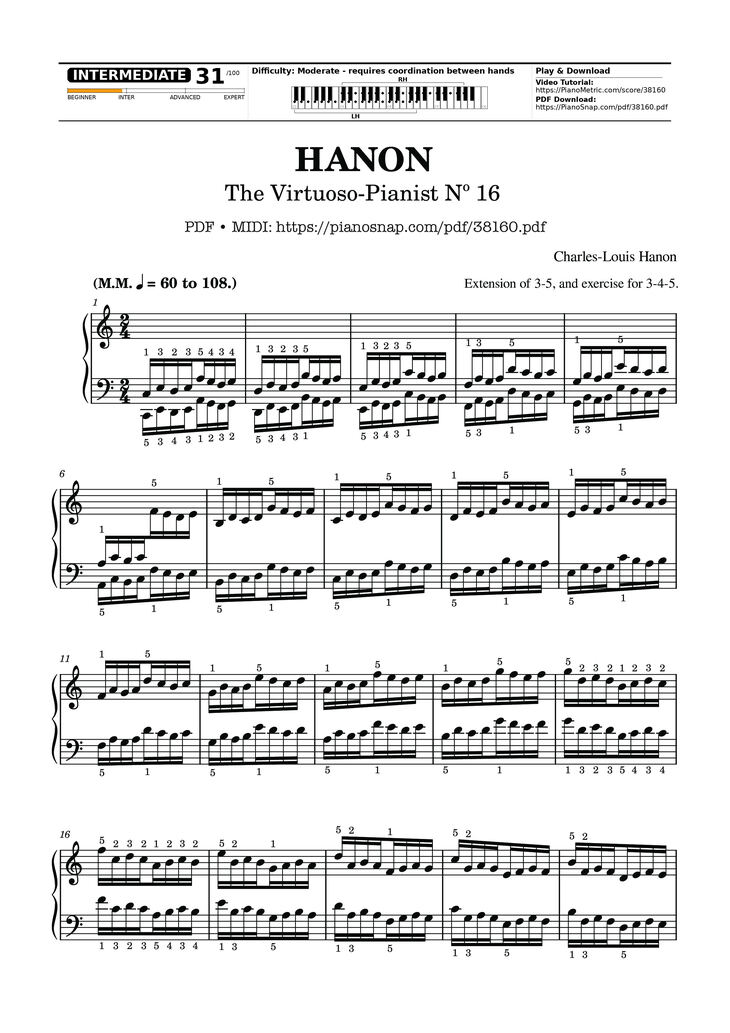 Page 1 of the piano sheet music PDF – Hanon - The Virtuoso Pianist No. 16 by Charles-Louis Hanon