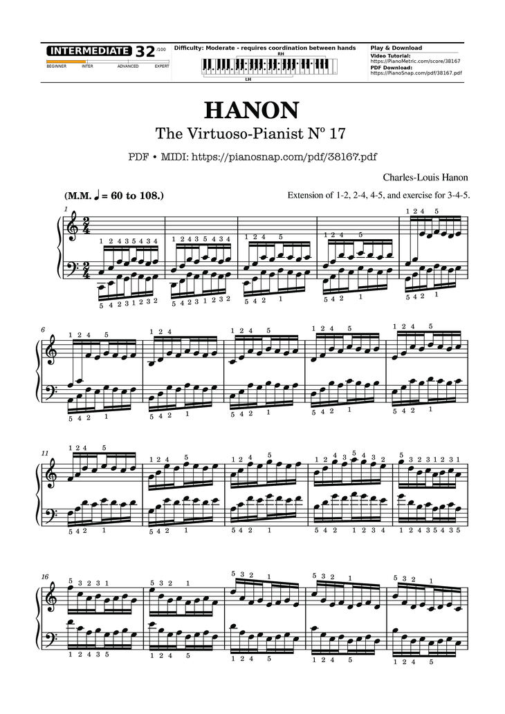 Page 1 of the piano sheet music PDF – Hanon - The Virtuoso Pianist No. 17 by Charles-Louis Hanon