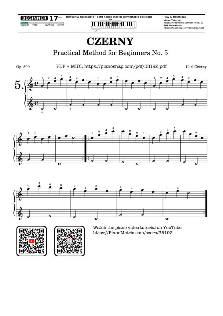 Page 1 of the piano sheet music PDF – CZERNY - Practical Method for Beginners, Op. 599, No. 5 by Carl Czerny