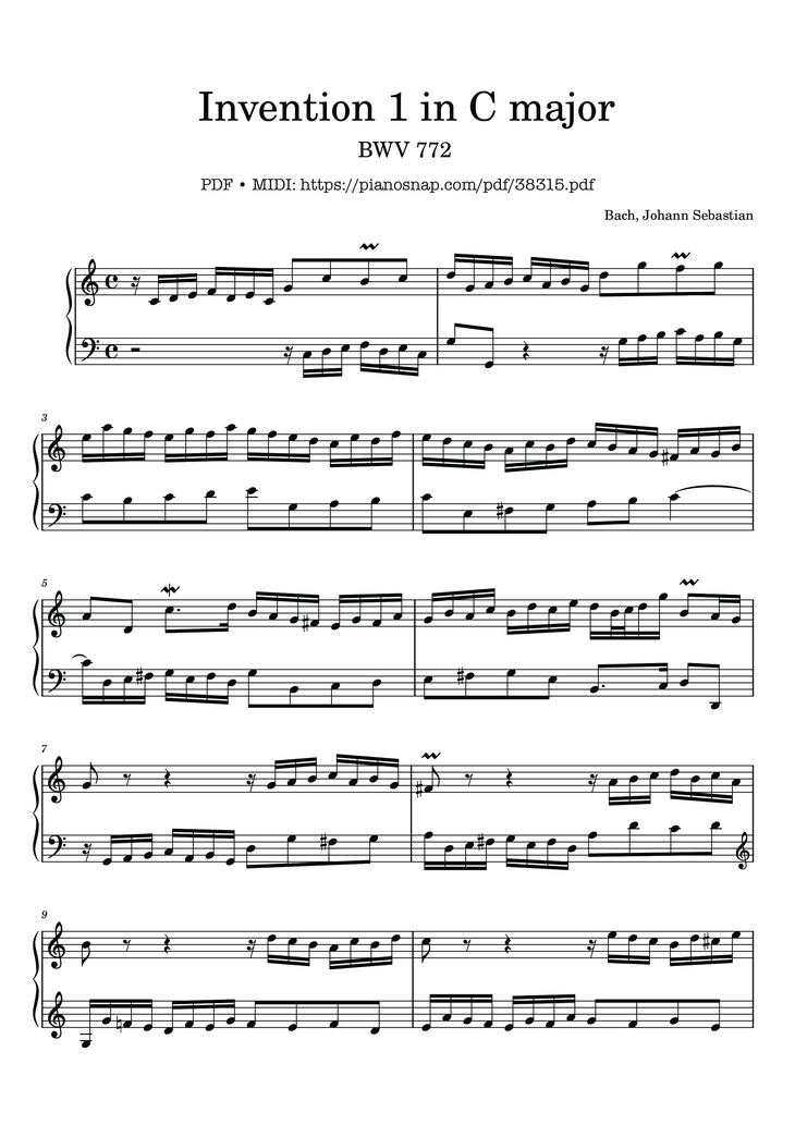 Page 1 of the piano sheet music PDF – Invention 1 in C major BWV 772 by Johann Sebastian Bach