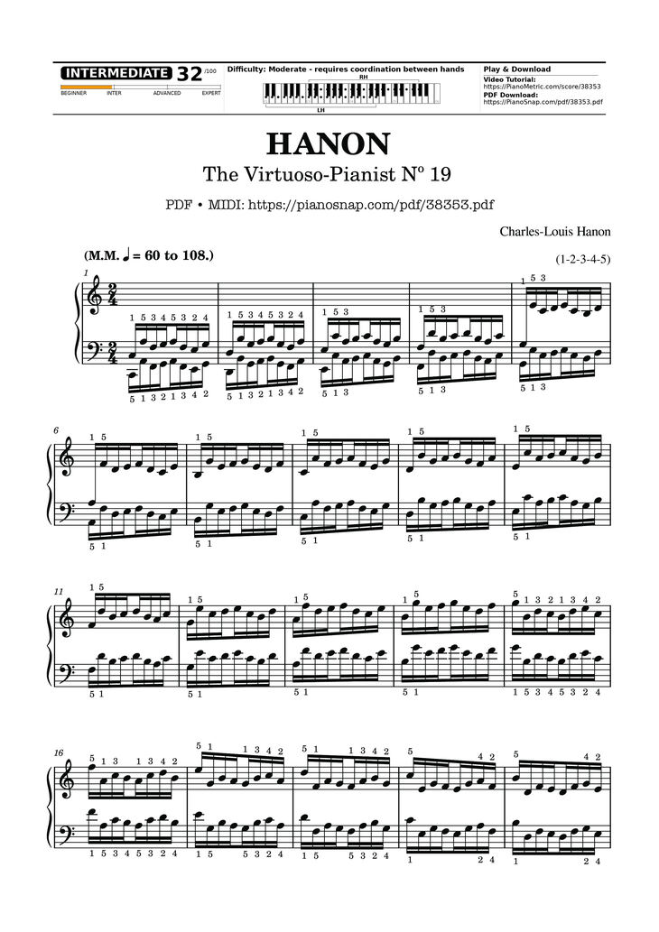 Page 1 of the piano sheet music PDF – Hanon - The Virtuoso Pianist No. 19 by Charles-Louis Hanon