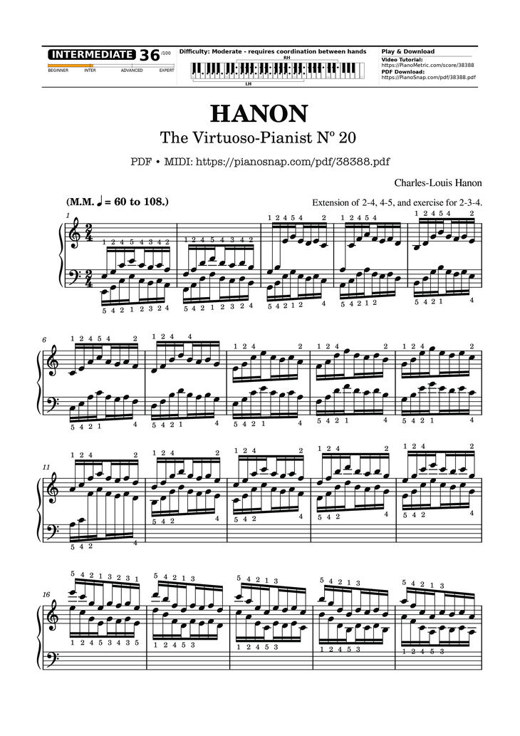 Page 1 of the piano sheet music PDF – Hanon - The Virtuoso Pianist No. 20 (End of part 1) by Charles-Louis Hanon