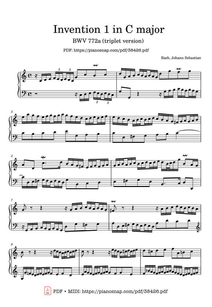 Page 1 of the piano sheet music PDF – Invention 1a in C major BWV 772a (triplet version) by Johann Sebastian Bach