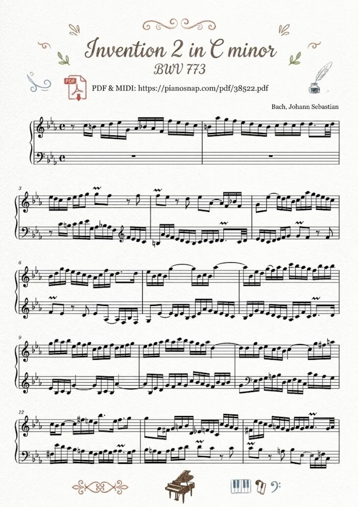 Page 1 of the piano sheet music PDF – Invention 2 in C minor BWV 773 by Johann Sebastian Bach
