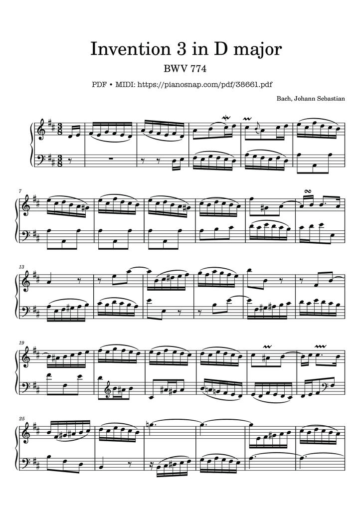 Page 1 of the piano sheet music PDF – Invention 3 in D major BWV 774 by Johann Sebastian Bach