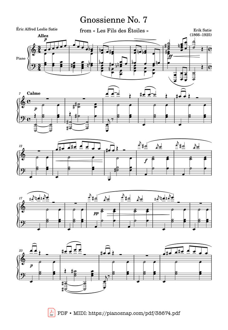 Page 1 of the piano sheet music PDF – Gnossienne No. 7 by Erik Satie