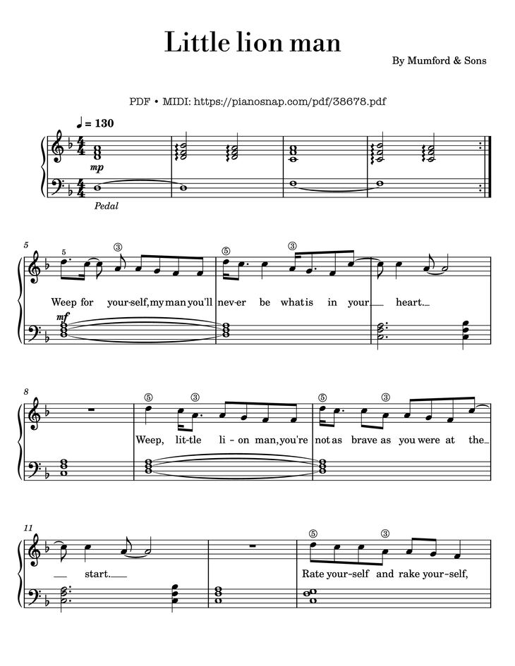 Page 1 of the piano sheet music PDF Piano – Little lion man - Mumford & Sons - Easy Piano by Mumford & Sons