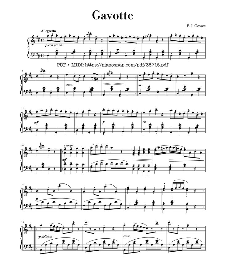 Page 1 of the piano sheet music PDF Piano – Gavotte by Francois-Joseph Gossec