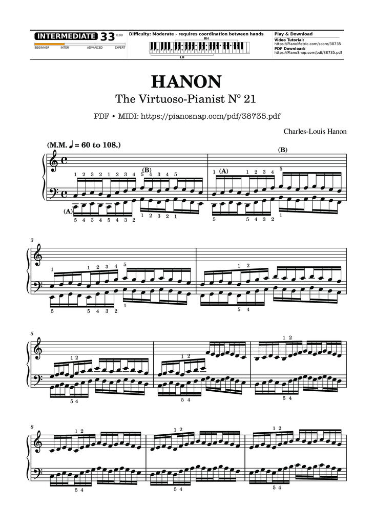 Page 1 of the piano sheet music PDF Piano – Hanon - The Virtuoso Pianist No. 21 by Charles-Louis Hanon