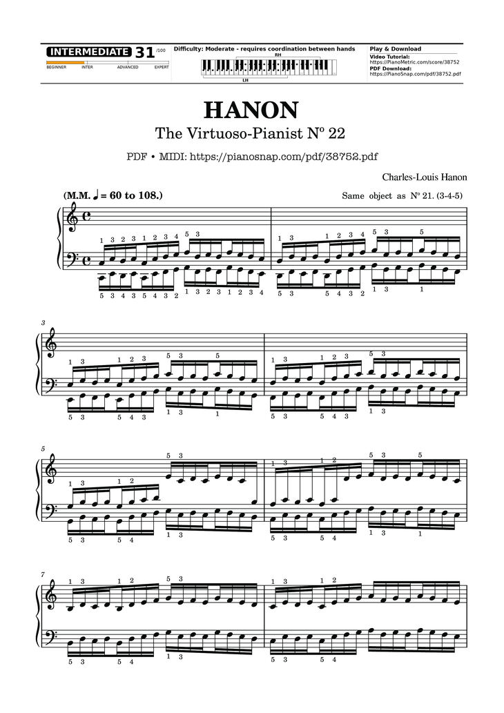 Page 1 of the piano sheet music PDF Piano – Hanon - The Virtuoso Pianist No. 22 by Charles-Louis Hanon