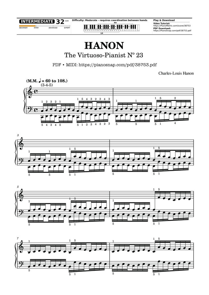 Page 1 of the piano sheet music PDF Piano – Hanon - The Virtuoso Pianist No. 23 by Charles-Louis Hanon
