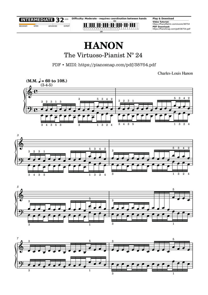 Page 1 of the piano sheet music PDF Piano – Hanon - The Virtuoso Pianist No. 24 by Charles-Louis Hanon